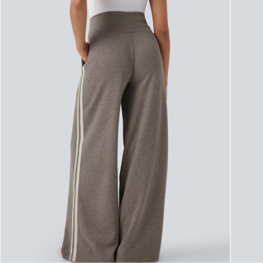 Ribbed Knit High Waisted Tummy Control Drawstring Casual Wide Leg Pants Pockets - Picture 4 of 9